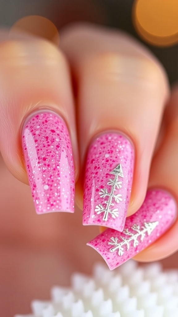 Close-up of pink glitter Christmas nail art with festive designs.
